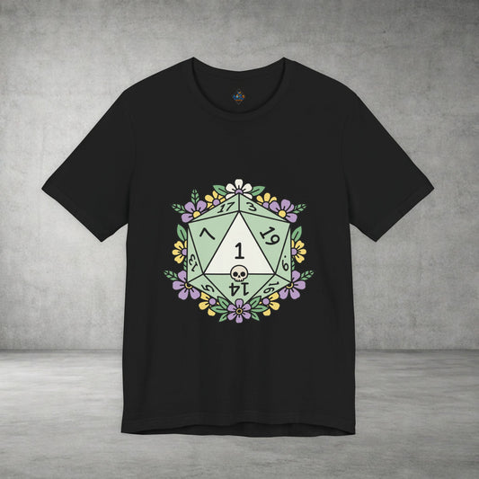 D20 Floral Dice Tee — Pastel RPG Gamer T-Shirt