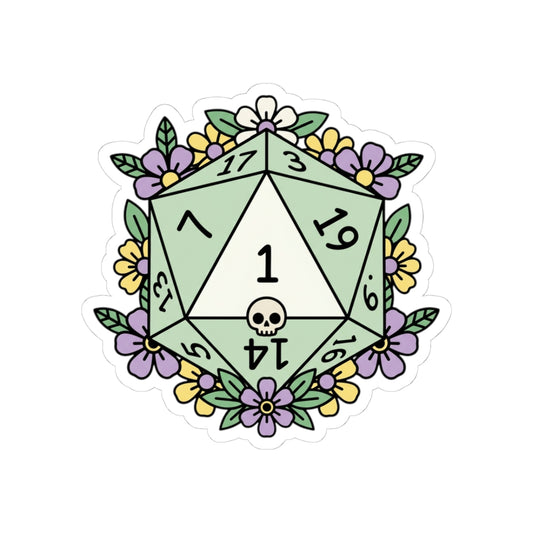 D20 Critical Fail Floral Sticker — Pastel RPG Dice Kiss-Cut Sticker