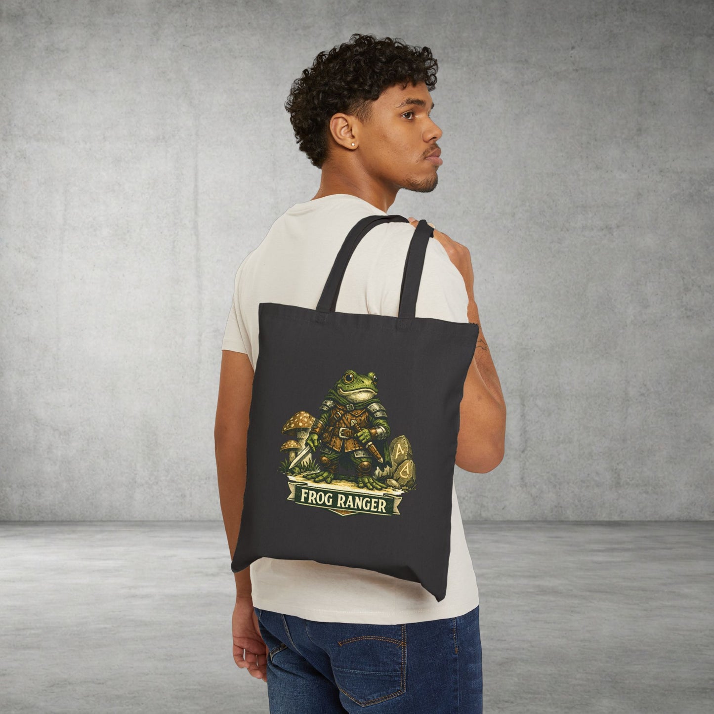 Frog Ranger Canvas Tote Bag — Cute Adventure Frog Mushroom Illustration