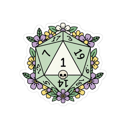D20 Critical Fail Floral Sticker — Pastel RPG Dice Kiss-Cut Sticker