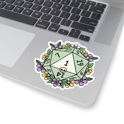 D20 Critical Fail Floral Sticker — Pastel RPG Dice Kiss-Cut Sticker