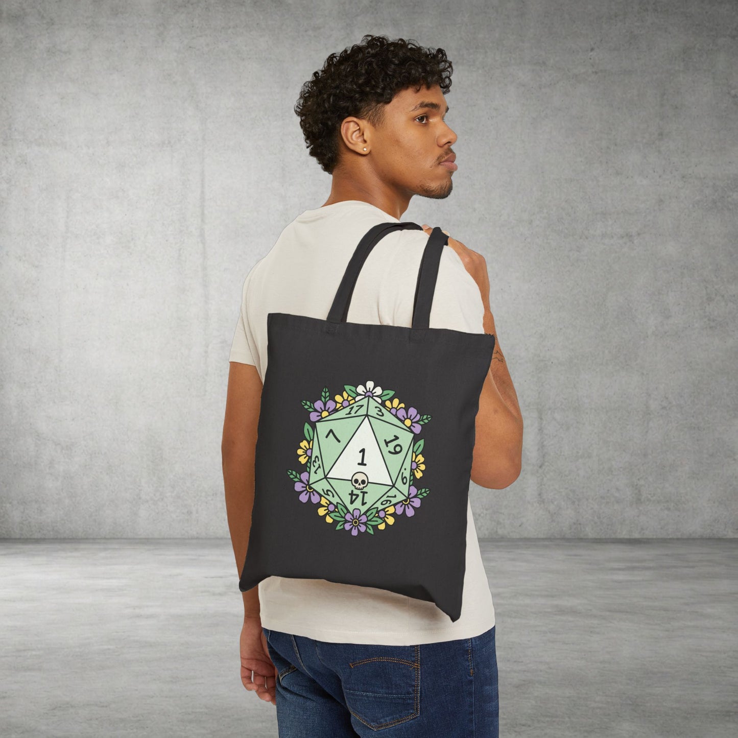 Floral D20 Tote Bag — Green Critical Fail Gaming Canvas Tote