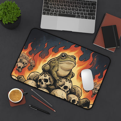 Frog Over Throne Desk Mat — Gothic Frog Mousepad with Skulls & Flames