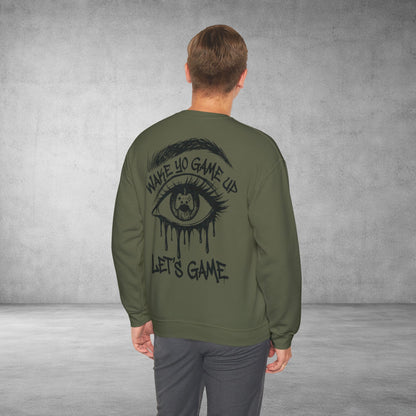 Crewneck Sweatshirt — 'Wake Yo Game Up, Let’s Game' Dripping Eye Gamer Design