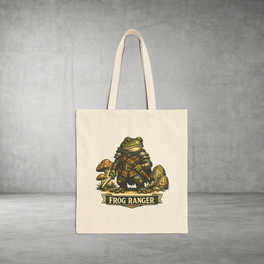 Frog Ranger Canvas Tote Bag — Cute Adventure Frog Mushroom Illustration