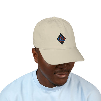 A Blue Ember Creative - Embroidered Diamond Patch Baseball Cap — Organic Cotton, Rustic Campfire Design