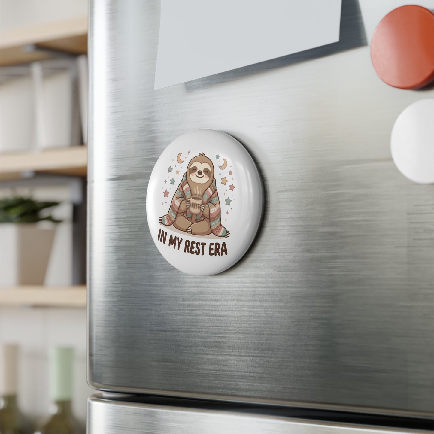'In My Rest Era' Sloth Magnet – Cute Round Button Magnet for Relaxation Fans
