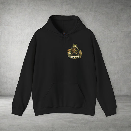 Adventure Frog Hoodie — Whimsical Forest Gnome Patch Sweatshirt