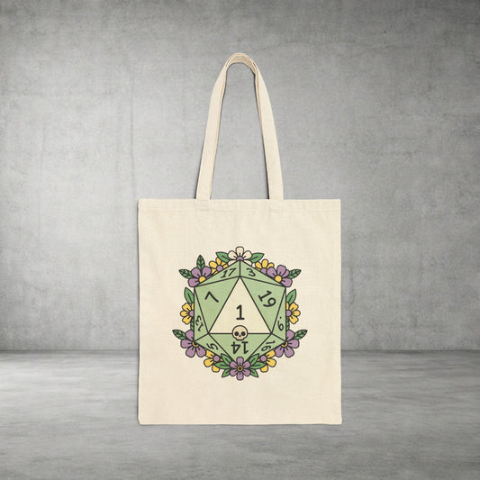 Floral D20 Tote Bag — Green Critical Fail Gaming Canvas Tote