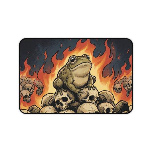 Frog Over Throne Desk Mat — Gothic Frog Mousepad with Skulls & Flames
