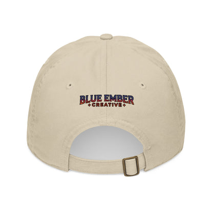 A Blue Ember Creative - Embroidered Diamond Patch Baseball Cap — Organic Cotton, Rustic Campfire Design