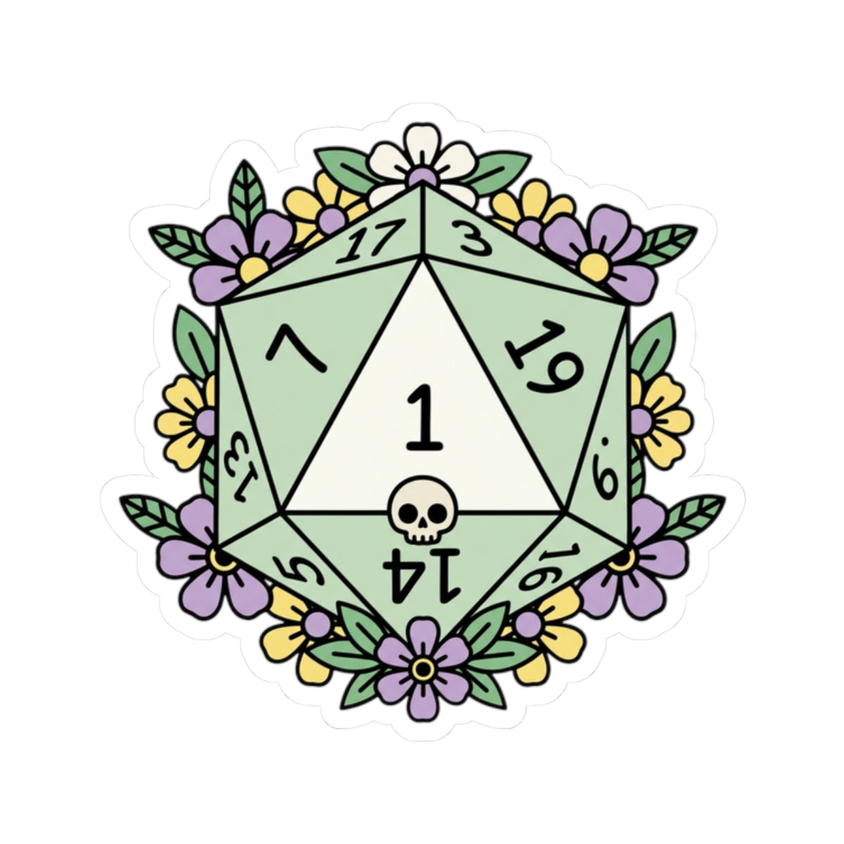 D20 Critical Fail Floral Sticker — Pastel RPG Dice Kiss-Cut Sticker
