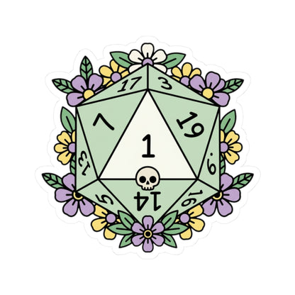 D20 Critical Fail Floral Sticker — Pastel RPG Dice Kiss-Cut Sticker