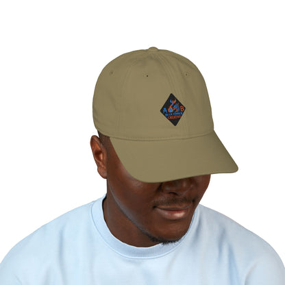 A Blue Ember Creative - Embroidered Diamond Patch Baseball Cap — Organic Cotton, Rustic Campfire Design
