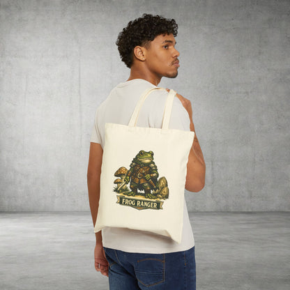 Frog Ranger Canvas Tote Bag — Cute Adventure Frog Mushroom Illustration