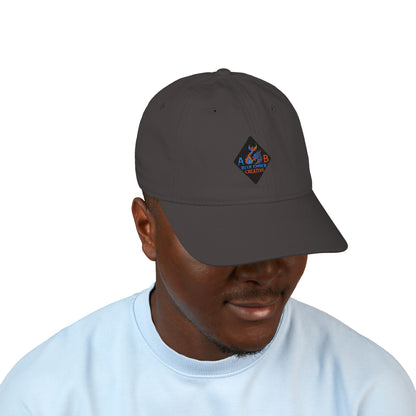 A Blue Ember Creative - Embroidered Diamond Patch Baseball Cap — Organic Cotton, Rustic Campfire Design