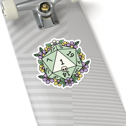 D20 Critical Fail Floral Sticker — Pastel RPG Dice Kiss-Cut Sticker