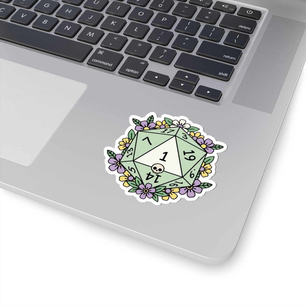 D20 Critical Fail Floral Sticker — Pastel RPG Dice Kiss-Cut Sticker